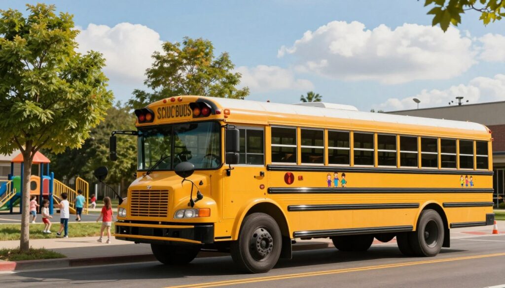 A bright yellow school bus prominently displaying a large, recognizable symbol of children on both sides, parked on a sunny street. In the foreground, focus on the bus's details, highlighting the vivid yellow color and the child symbol, ensuring clarity. In the middle ground, add a few trees with lush green leaves and a safe play area with children playing nearby, emphasizing a sense of joy and safety. The background should feature a clear blue sky with soft, fluffy clouds, creating an inviting atmosphere. The lighting is warm and natural, suggesting mid-afternoon. Capture the scene from a slightly lower angle to emphasize the bus and its importance in child transportation, while ensuring no human figures are present in the image. A bright yellow school bus prominently displaying a large, recognizable symbol of children on both sides, parked on a sunny street. In the foreground, focus on the bus's details, highlighting the vivid yellow color and the child symbol, ensuring clarity. In the middle ground, add a few trees with lush green leaves and a safe play area with children playing nearby, emphasizing a sense of joy and safety. The background should feature a clear blue sky with soft, fluffy clouds, creating an inviting atmosphere. The lighting is warm and natural, suggesting mid-afternoon. Capture the scene from a slightly lower angle to emphasize the bus and its importance in child transportation, while ensuring no human figures are present in the image.