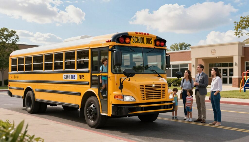 A brightly colored school bus designed for transporting children is parked on a safe, welcoming street. In the foreground, a well-maintained bus displays vibrant safety markings and labels clearly indicating its purpose, set against a blue sky filled with soft, fluffy clouds. In the middle ground, concerned parents stand nearby in professional attire, watching as children board the bus, highlighting the importance of safety. The background features a school building, complete with a welcoming entrance and playground, creating a positive atmosphere. The lighting is natural and warm, suggesting a sunny day. The overall mood conveys caution and care, emphasizing the dynamics of safe transportation for children with appropriate signage in focus. A brightly colored school bus designed for transporting children is parked on a safe, welcoming street. In the foreground, a well-maintained bus displays vibrant safety markings and labels clearly indicating its purpose, set against a blue sky filled with soft, fluffy clouds. In the middle ground, concerned parents stand nearby in professional attire, watching as children board the bus, highlighting the importance of safety. The background features a school building, complete with a welcoming entrance and playground, creating a positive atmosphere. The lighting is natural and warm, suggesting a sunny day. The overall mood conveys caution and care, emphasizing the dynamics of safe transportation for children with appropriate signage in focus.