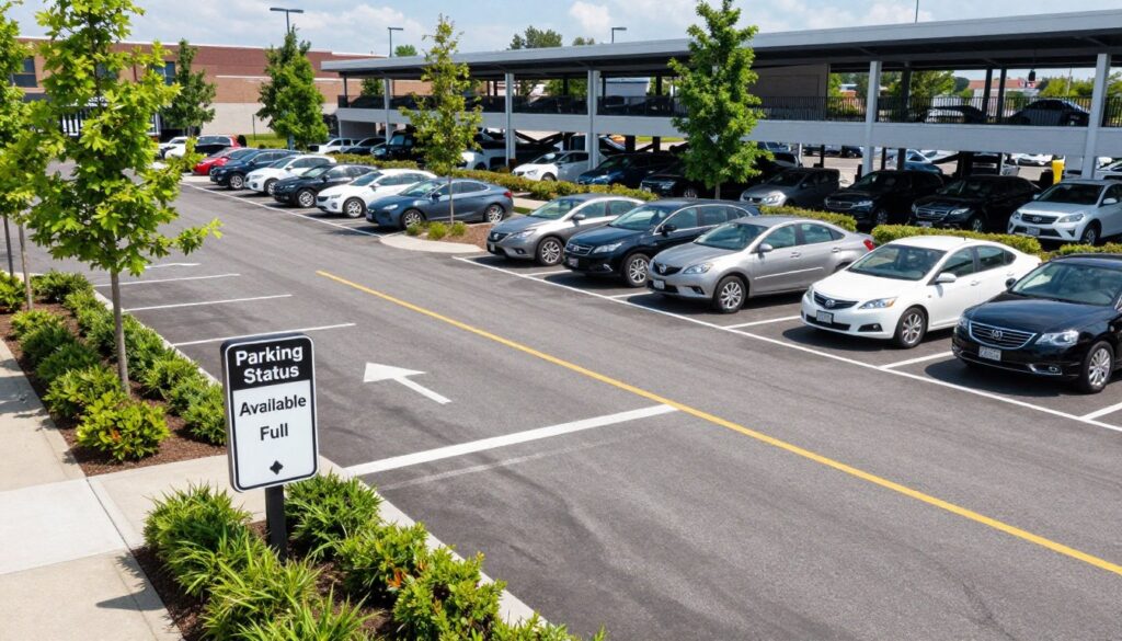 A bustling outdoor parking lot scene with a modern parking structure in the background, showcasing a variety of parked cars along designated lanes. In the foreground, focus on a section displaying a clear "Parking Status" sign indicating "Available" or "Full," with distinct markings on the asphalt. Include vivid green landscaping features like small trees and bushes to create a welcoming environment. The lighting is bright and natural, suggesting a sunny day, casting soft shadows. Capture a sense of order and safety within the parking area, highlighting its function as an internal roadway and part of a residential zone, while maintaining a calm and organized atmosphere. Use a wide-angle lens for an expansive view that illustrates the space effectively. A bustling outdoor parking lot scene with a modern parking structure in the background, showcasing a variety of parked cars along designated lanes. In the foreground, focus on a section displaying a clear "Parking Status" sign indicating "Available" or "Full," with distinct markings on the asphalt. Include vivid green landscaping features like small trees and bushes to create a welcoming environment. The lighting is bright and natural, suggesting a sunny day, casting soft shadows. Capture a sense of order and safety within the parking area, highlighting its function as an internal roadway and part of a residential zone, while maintaining a calm and organized atmosphere. Use a wide-angle lens for an expansive view that illustrates the space effectively.