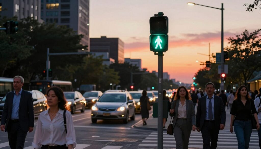 A bustling urban street scene depicting a pedestrian crossing at sunset. In the foreground, a flashing green pedestrian signal stands prominently, emanating a warm glow that illuminates the surrounding area. On one side, a diverse group of pedestrians in professional business attire waits to cross, expressions of anticipation on their faces. The middle ground features a row of cars halted at a traffic signal, with a bright red light visible, defining the moment of pause. In the background, tall city buildings silhouette against the colorful sky, enhancing the lively street atmosphere. The lighting is soft yet vibrant, creating a sense of urgency and focus, capturing the essence of the interaction between pedestrians and traffic signals. The angle is slightly below eye level, giving prominence to the pedestrian signal and the individuals waiting to cross.