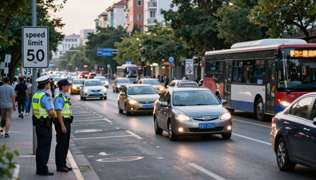 A bustling urban street scene showcasing cars obeying speed limits with visible "speed limit" signs set to 50 km/h. In the foreground, a police officer stands on the sidewalk, dressed in a professional uniform, monitoring traffic and maintaining safety. In the middle, various vehicles, including a family car and a bus, smoothly navigate the road, with attention drawn to speed limit signs placed strategically along the route. The background features a cityscape with residential buildings, bustling pedestrians, and trees lining the street, illuminated by soft, natural lighting of a late afternoon. The mood is focused yet dynamic, emphasizing the importance of compliance with speed regulations in populated areas, capturing the essence of traffic law enforcement. A bustling urban street scene showcasing cars obeying speed limits with visible "speed limit" signs set to 50 km/h. In the foreground, a police officer stands on the sidewalk, dressed in a professional uniform, monitoring traffic and maintaining safety. In the middle, various vehicles, including a family car and a bus, smoothly navigate the road, with attention drawn to speed limit signs placed strategically along the route. The background features a cityscape with residential buildings, bustling pedestrians, and trees lining the street, illuminated by soft, natural lighting of a late afternoon. The mood is focused yet dynamic, emphasizing the importance of compliance with speed regulations in populated areas, capturing the essence of traffic law enforcement.
