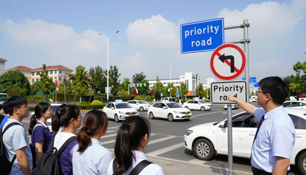 A busy intersection in an urban setting during daylight, showcasing a clear road sign indicating "priority road" for vehicles. In the foreground, a well-dressed driving instructor points towards the sign, explaining its significance to a diverse group of attentive learners of varying ages. In the middle ground, several cars approach the intersection, some yielding to the indicated priority. The background features city buildings and greenery, under a bright blue sky with soft clouds, conveying a sense of clarity and focus. The lighting is bright and natural, enhancing the educational atmosphere. This scene embodies the essence of driving education and the importance of understanding road signs. A busy intersection in an urban setting during daylight, showcasing a clear road sign indicating "priority road" for vehicles. In the foreground, a well-dressed driving instructor points towards the sign, explaining its significance to a diverse group of attentive learners of varying ages. In the middle ground, several cars approach the intersection, some yielding to the indicated priority. The background features city buildings and greenery, under a bright blue sky with soft clouds, conveying a sense of clarity and focus. The lighting is bright and natural, enhancing the educational atmosphere. This scene embodies the essence of driving education and the importance of understanding road signs.