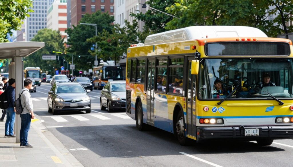 A busy urban street scene during the day, showcasing a city bus gracefully merging into traffic from a bus stop without a bay. In the foreground, the vibrant colored bus, marked with a recognizable city transit logo, has its turn signal activated and is in the process of safely entering the lane. In the middle ground, a few cars are adjusting their positions to accommodate the bus, drivers visible through their windows showing expressions of attentiveness. The background features a bustling cityscape with pedestrians waiting at the crosswalk, tall buildings, and greenery. Natural sunlight illuminates the entire scene, creating a clear and bright atmosphere, emphasizing safety and cooperation on the road. Capture the essence of a dynamic urban environment with a focus on the bus's movements. A busy urban street scene during the day, showcasing a city bus gracefully merging into traffic from a bus stop without a bay. In the foreground, the vibrant colored bus, marked with a recognizable city transit logo, has its turn signal activated and is in the process of safely entering the lane. In the middle ground, a few cars are adjusting their positions to accommodate the bus, drivers visible through their windows showing expressions of attentiveness. The background features a bustling cityscape with pedestrians waiting at the crosswalk, tall buildings, and greenery. Natural sunlight illuminates the entire scene, creating a clear and bright atmosphere, emphasizing safety and cooperation on the road. Capture the essence of a dynamic urban environment with a focus on the bus's movements.