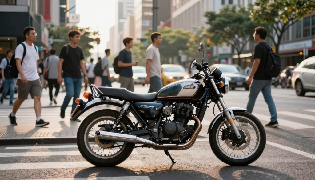 A busy urban street scene featuring a stylish 125cc motorcycle parked at a vibrant city intersection. In the foreground, the motorcycle stands out with detailed features—sleek bodywork, polished chrome accents, and a distinctive engine. In the middle ground, pedestrians in casual attire move about, some glancing at the motorcycle, illustrating the everyday city environment. The background showcases dynamic elements of the cityscape, such as tall buildings, traffic, and greenery, reflecting the urban lifestyle. The scene is illuminated by warm afternoon sunlight, casting soft shadows, and creating a sense of movement and energy. The atmosphere conveys the contrast between the hustle of city life and the thrill of riding a motorcycle.