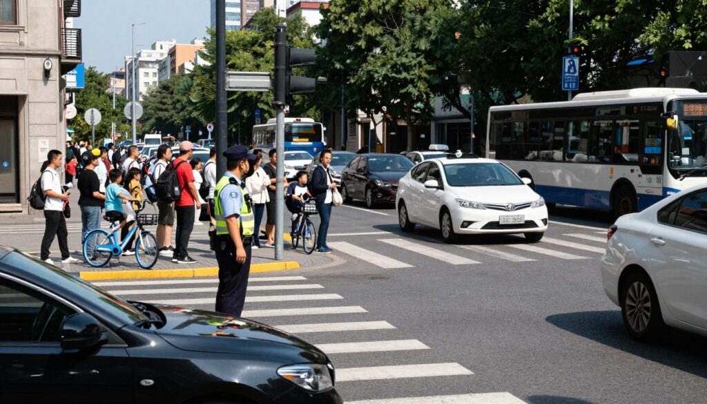 A busy urban traffic scene depicting various vehicles, including cars, bicycles, and buses, navigating an intersection. In the foreground, a traffic officer in professional attire is gesturing towards the traffic to emphasize the principle of limited trust on the road. In the middle ground, a diverse group of pedestrians, including children and adults, are cautiously waiting at a crosswalk, observing the vehicles. The background features city buildings and trees under a clear blue sky, with the sun casting soft shadows. The atmosphere is dynamic yet cautious, illustrating the importance of awareness and vigilance in road safety. The scene conveys a sense of realistic urban life, emphasizing interactions between road users and their environments. A busy urban traffic scene depicting various vehicles, including cars, bicycles, and buses, navigating an intersection. In the foreground, a traffic officer in professional attire is gesturing towards the traffic to emphasize the principle of limited trust on the road. In the middle ground, a diverse group of pedestrians, including children and adults, are cautiously waiting at a crosswalk, observing the vehicles. The background features city buildings and trees under a clear blue sky, with the sun casting soft shadows. The atmosphere is dynamic yet cautious, illustrating the importance of awareness and vigilance in road safety. The scene conveys a sense of realistic urban life, emphasizing interactions between road users and their environments.
