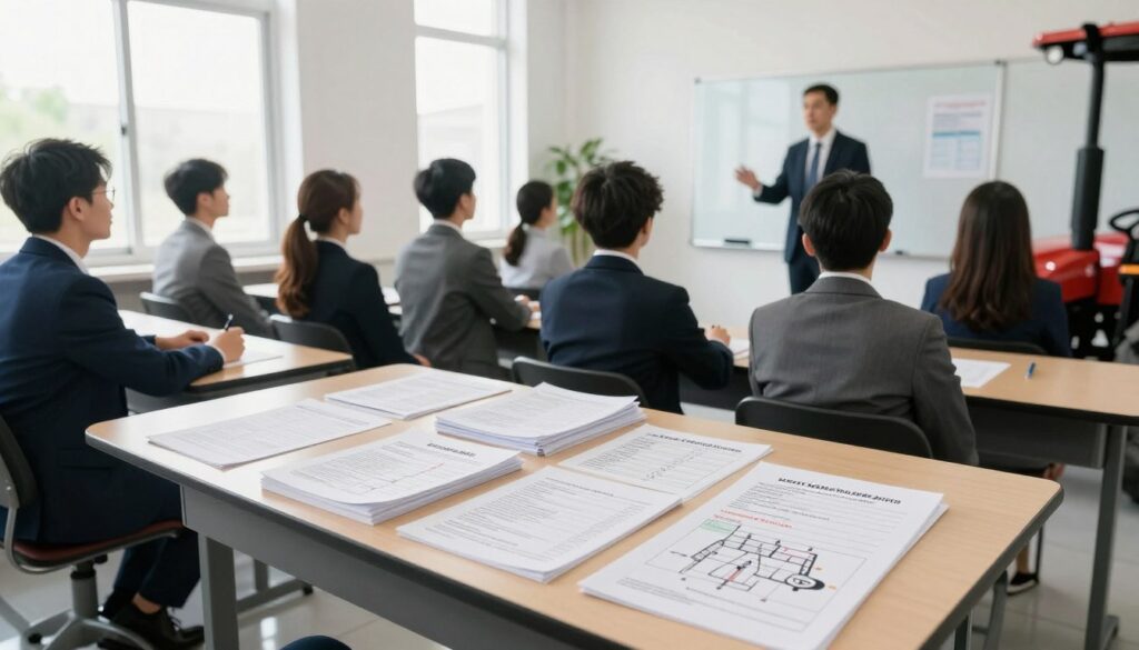 A classroom setting designed for a theoretical driving exam for a tractor license. In the foreground, a table with a set of driving test materials such as books, notes, and a mock driving diagram. In the middle ground, a diverse group of candidates dressed in professional business attire, attentively listening to an instructor. The instructor is standing near a whiteboard, explaining key driving regulations related to Category T tractors. The background features windows allowing natural light to flood the room, creating a bright and focused atmosphere. The mood is serious yet encouraging, emphasizing the importance of understanding the theoretical aspects of tractor operation. The camera angle is slightly elevated, capturing both the candidates' engaged expressions and the instructor’s informative presence. A classroom setting designed for a theoretical driving exam for a tractor license. In the foreground, a table with a set of driving test materials such as books, notes, and a mock driving diagram. In the middle ground, a diverse group of candidates dressed in professional business attire, attentively listening to an instructor. The instructor is standing near a whiteboard, explaining key driving regulations related to Category T tractors. The background features windows allowing natural light to flood the room, creating a bright and focused atmosphere. The mood is serious yet encouraging, emphasizing the importance of understanding the theoretical aspects of tractor operation. The camera angle is slightly elevated, capturing both the candidates' engaged expressions and the instructor’s informative presence.