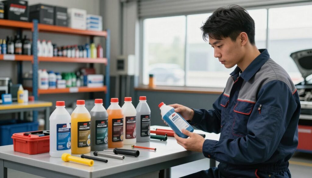 A clean and organized automotive workshop setting focused on engine flush preparations. In the foreground, a mechanic in professional attire examines various engine flushing products, carefully comparing labels. The middle ground features a well-lit workbench showcasing an array of engine flush bottles, tools, and safety equipment, reflecting a meticulous selection process. The background includes shelves filled with automotive supplies and a large window letting in natural light, creating a bright and inviting atmosphere. The overall mood is serious and professional, emphasizing the importance of choosing the right engine flush for optimal engine performance. The composition should be rich in color and detail, with a focus on clarity and professionalism. A clean and organized automotive workshop setting focused on engine flush preparations. In the foreground, a mechanic in professional attire examines various engine flushing products, carefully comparing labels. The middle ground features a well-lit workbench showcasing an array of engine flush bottles, tools, and safety equipment, reflecting a meticulous selection process. The background includes shelves filled with automotive supplies and a large window letting in natural light, creating a bright and inviting atmosphere. The overall mood is serious and professional, emphasizing the importance of choosing the right engine flush for optimal engine performance. The composition should be rich in color and detail, with a focus on clarity and professionalism.