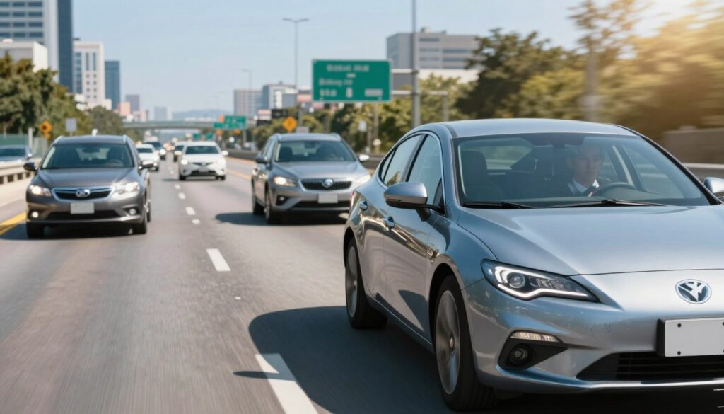 A clear and practical depiction of merging into traffic from an on-ramp. In the foreground, a sleek, modern car is shown smoothly transitioning from the on-ramp to the main highway, highlighted in vibrant colors to emphasize the movement and urgency. The driver, dressed in professional attire, has a focused expression, illustrating attentiveness. In the middle ground, other vehicles are shown at varying distances, maintaining a safe space. The background features a blur of highway signs and skyscrapers against a bright blue sky, conveying a bustling urban environment. The lighting is bright and clear, indicating a sunny day, with a slight lens flare effect to enhance realism. The mood is dynamic yet controlled, showcasing the excitement of merging into the flow of traffic.