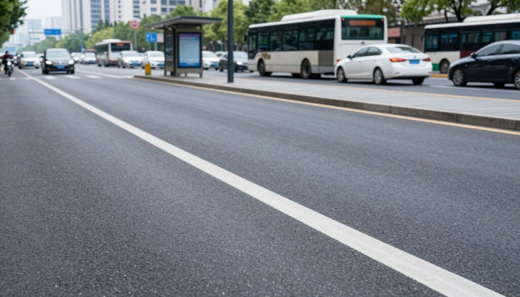 A clear, well-defined image of a continuous road line, illustrating the concept of roadway marking. In the foreground, emphasize a bright white line on a modern asphalt surface, meticulously painted, showing slight wear and tear from vehicle usage. In the middle, depict a section of a busy urban road with a busy bus stop without a bus bay, capturing a moment where vehicles are moving around a parked bus, illustrating traffic dynamics. In the background, feature a blurred cityscape with trees, streetlights, and buildings under soft, natural daylight, creating a realistic urban setting. The mood should convey clarity and focus, emphasizing the importance of road markings in traffic safety. Use a wide-angle lens perspective to enhance depth and detail in the scene. A clear, well-defined image of a continuous road line, illustrating the concept of roadway marking. In the foreground, emphasize a bright white line on a modern asphalt surface, meticulously painted, showing slight wear and tear from vehicle usage. In the middle, depict a section of a busy urban road with a busy bus stop without a bus bay, capturing a moment where vehicles are moving around a parked bus, illustrating traffic dynamics. In the background, feature a blurred cityscape with trees, streetlights, and buildings under soft, natural daylight, creating a realistic urban setting. The mood should convey clarity and focus, emphasizing the importance of road markings in traffic safety. Use a wide-angle lens perspective to enhance depth and detail in the scene.