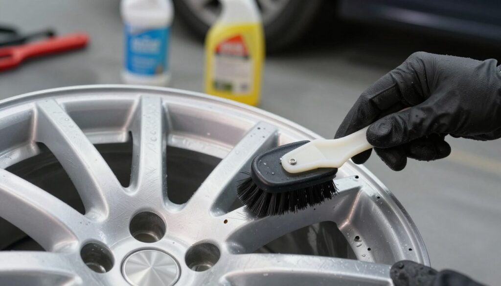 A close-up image showcasing the common mistakes made while washing aluminum rims. In the foreground, depict a pair of hands wearing professional gloves, holding a non-effective brush, visibly scratching the rim's surface. In the middle ground, include a partially cleaned rim with visible scratches and debris, symbolizing improper cleaning techniques. The background should softly fade into a blurred car workshop environment, highlighting tools and cleaning products. The lighting is bright and focused on the rim, casting subtle shadows to emphasize the imperfections. The overall mood conveys caution, highlighting the critical importance of proper maintenance to prevent damage. A close-up image showcasing the common mistakes made while washing aluminum rims. In the foreground, depict a pair of hands wearing professional gloves, holding a non-effective brush, visibly scratching the rim's surface. In the middle ground, include a partially cleaned rim with visible scratches and debris, symbolizing improper cleaning techniques. The background should softly fade into a blurred car workshop environment, highlighting tools and cleaning products. The lighting is bright and focused on the rim, casting subtle shadows to emphasize the imperfections. The overall mood conveys caution, highlighting the critical importance of proper maintenance to prevent damage.