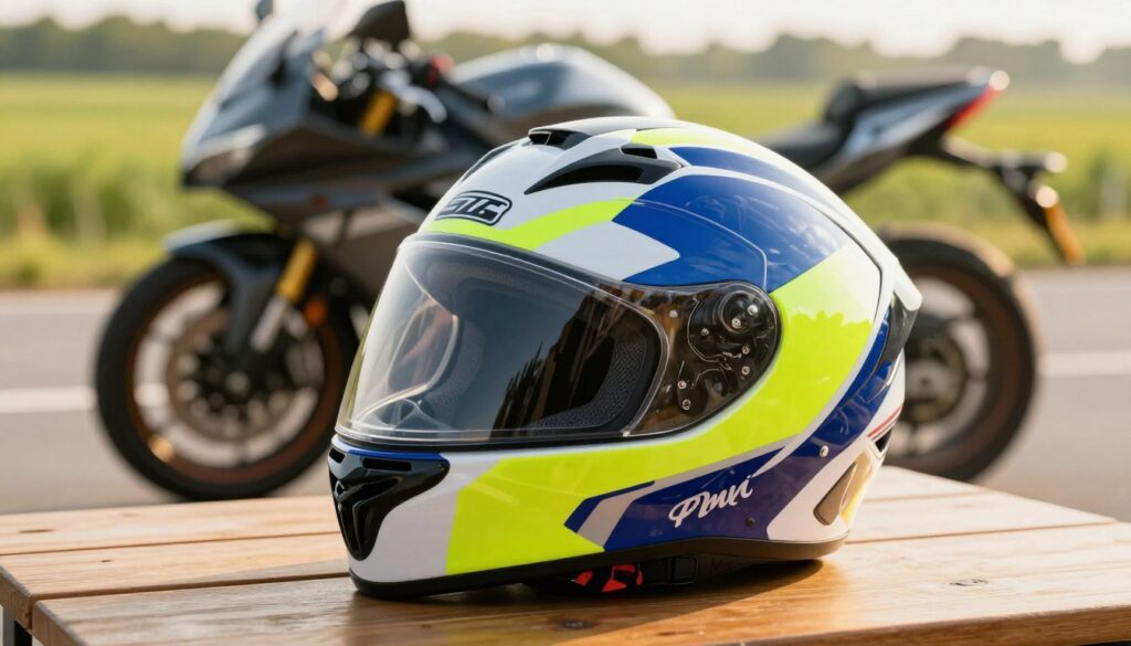 A close-up of a protective helmet (kask ochronny) designed for motorcycle safety, emphasizing its sleek, aerodynamic shape and vibrant color scheme. The foreground showcases the helmet resting on a wooden table, with its shiny surface reflecting soft, natural light. In the middle ground, a blurred out motorcycle can be seen, hinting at a safe riding environment. The background features a gently blurred green landscape, suggesting an open road perfect for cycling. The scene is illuminated with warm, golden daylight, creating a friendly and inviting atmosphere. The overall mood reflects safety, readiness, and the importance of protective gear while engaging in riding activities. No text or additional elements should distract from the focus on the helmet.