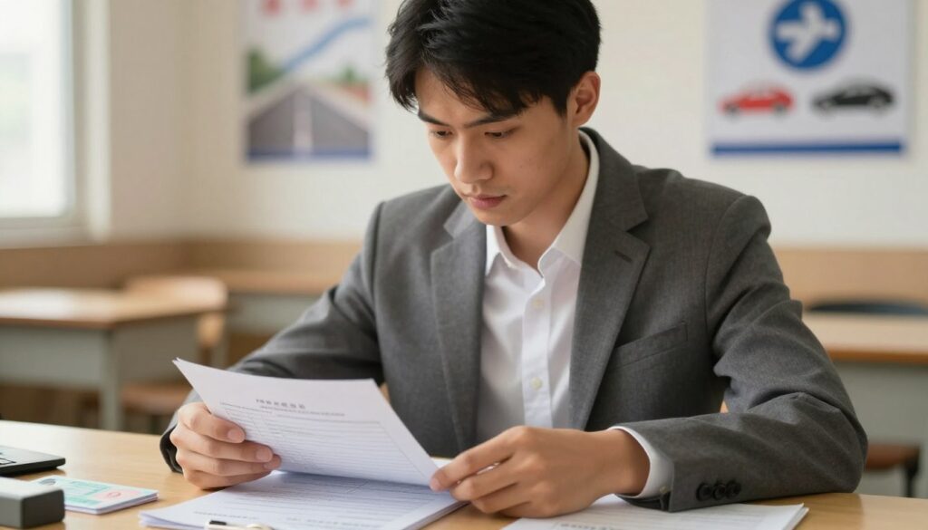A close-up portrait of a young candidate for a driver's license, depicted in a professional business attire, seated at a desk surrounded by essential documents such as identification papers, an application form, and a pen. The candidate, with a focused and determined expression, is reviewing their paperwork under warm, soft lighting that creates an inviting atmosphere. In the background, there is a blurred view of a driving school environment, with posters of road signs and cars, enhancing the theme of driving instruction. The composition is shot with a moderate angle, emphasizing the candidate's engagement with the process of preparing for their driving tests, encapsulating diligence and professionalism in a serene setting.