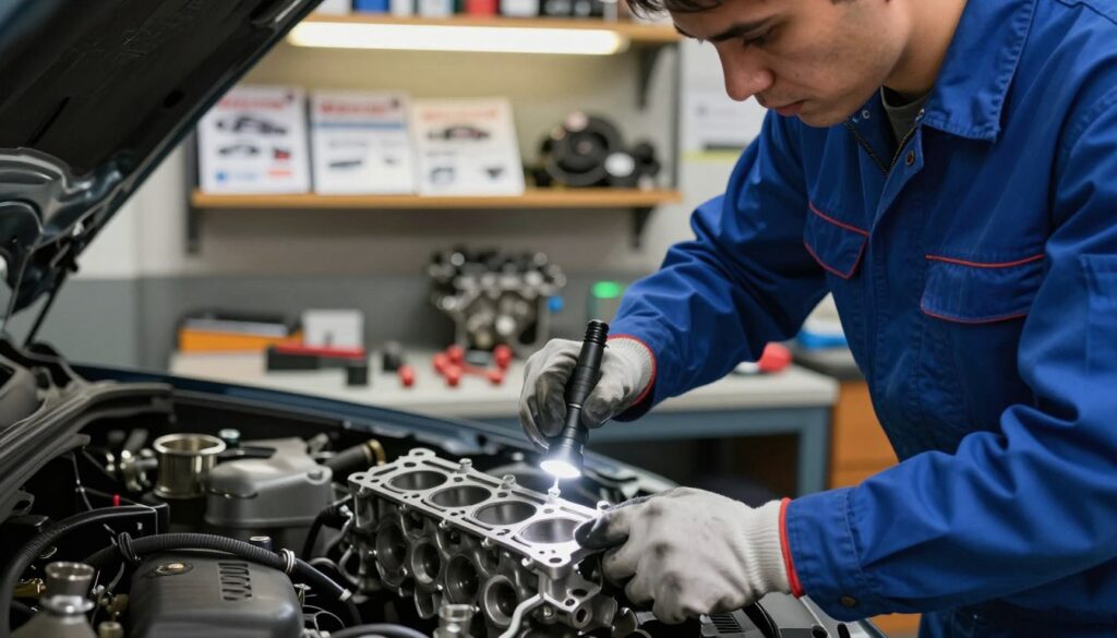 A close-up scene of a technician inspecting a vehicle's engine. In the foreground, a mechanic's hands, wearing gloves, are delicately examining the cylinder head and gasket area with a flashlight. The technician is dressed in a professional blue jumpsuit, showcasing a dedicated focus on the task at hand. In the middle ground, tools are organized neatly on a nearby workbench, reflecting a well-maintained workshop. The background includes shelves filled with automotive repair manuals and engine parts, dimly lit by warm overhead lights to create a focused, industrious atmosphere. The image should convey precision and professionalism in diagnosing potential issues, emphasizing the importance of confirming faults in automotive repair. A close-up scene of a technician inspecting a vehicle's engine. In the foreground, a mechanic's hands, wearing gloves, are delicately examining the cylinder head and gasket area with a flashlight. The technician is dressed in a professional blue jumpsuit, showcasing a dedicated focus on the task at hand. In the middle ground, tools are organized neatly on a nearby workbench, reflecting a well-maintained workshop. The background includes shelves filled with automotive repair manuals and engine parts, dimly lit by warm overhead lights to create a focused, industrious atmosphere. The image should convey precision and professionalism in diagnosing potential issues, emphasizing the importance of confirming faults in automotive repair.