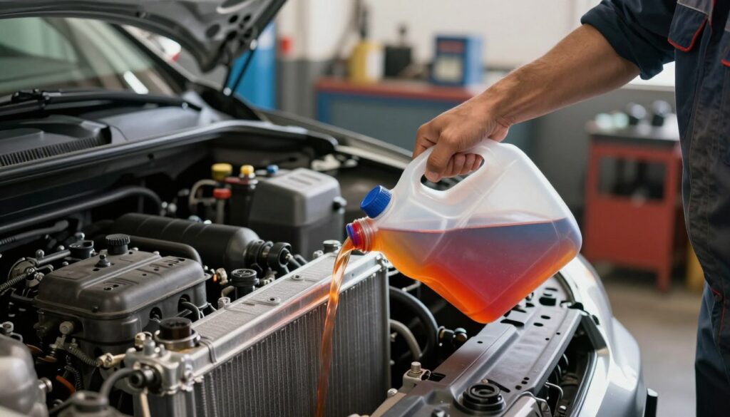 A close-up shot of a mechanic carefully pouring coolant liquid into the radiator of a car, emphasizing the process of adding coolant step-by-step. The mechanic, dressed in professional work attire, is focused on ensuring the coolant is poured evenly into the radiator opening. The foreground features the bright, colorful coolant being dispensed from a transparent container, contrasted against the sleek metal of the car engine. In the middle ground, the car’s hood is slightly raised, showcasing the intricacies of the engine compartment. The background is softly blurred workshop equipment and tools, with warm lighting creating a focused, professional atmosphere. Capture the meticulous care and attention given to this important maintenance task. A close-up shot of a mechanic carefully pouring coolant liquid into the radiator of a car, emphasizing the process of adding coolant step-by-step. The mechanic, dressed in professional work attire, is focused on ensuring the coolant is poured evenly into the radiator opening. The foreground features the bright, colorful coolant being dispensed from a transparent container, contrasted against the sleek metal of the car engine. In the middle ground, the car’s hood is slightly raised, showcasing the intricacies of the engine compartment. The background is softly blurred workshop equipment and tools, with warm lighting creating a focused, professional atmosphere. Capture the meticulous care and attention given to this important maintenance task.