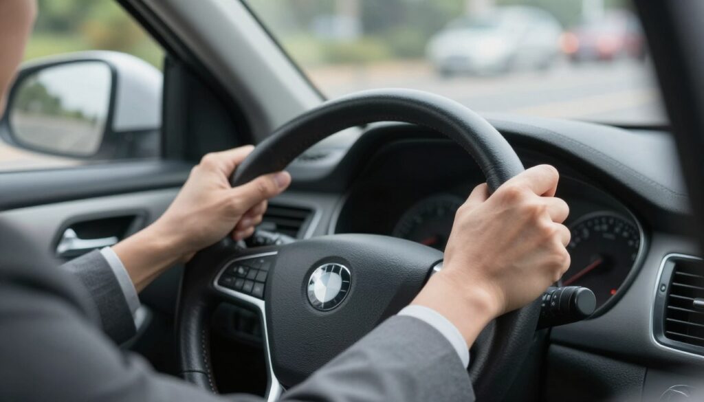 A close-up shot of a person in professional business attire, hands gripping a steering wheel with an incorrect posture suggesting common mistakes in steering technique. The foreground features the steering wheel, with the driver's hands turned awkwardly. In the middle ground, the dashboard of a car is visible, slightly blurred to emphasize the steering mistake. The background displays a realistic street scene, suggesting a parking lot or a busy road to reflect practical driving situations. Soft, natural lighting illuminates the scene, creating a neutral and informative atmosphere. The angle captures the driver's perspective, focusing on the steering form, highlighting improper techniques.