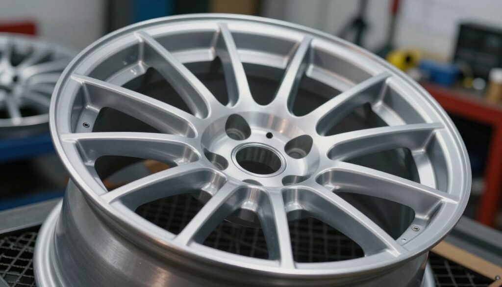 A close-up view of a 16-inch aluminum wheel rim, showcasing intricate details of its design, including the polished surface and unique spoke pattern. In the foreground, emphasize the smooth metallic finish reflecting ambient light, capturing different shades of silver and gray. The middle ground features a blurred automotive background, hinting at a workshop setting with tools and equipment softly out of focus, creating a sense of industry. The lighting is soft and diffused, evoking a professional and clean atmosphere. The angle is slightly tilted to accentuate the depth of the rim’s contours, while maintaining a realistic perspective that highlights its engineering and craftsmanship. A close-up view of a 16-inch aluminum wheel rim, showcasing intricate details of its design, including the polished surface and unique spoke pattern. In the foreground, emphasize the smooth metallic finish reflecting ambient light, capturing different shades of silver and gray. The middle ground features a blurred automotive background, hinting at a workshop setting with tools and equipment softly out of focus, creating a sense of industry. The lighting is soft and diffused, evoking a professional and clean atmosphere. The angle is slightly tilted to accentuate the depth of the rim’s contours, while maintaining a realistic perspective that highlights its engineering and craftsmanship.