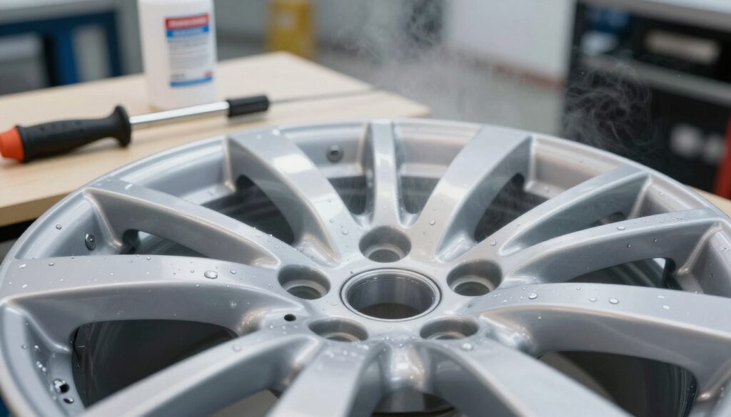 A close-up view of a beautifully detailed alloy wheel coated with a transparent protective layer, showcasing the glossy sheen of the surface that reflects ambient light. The foreground should highlight the intricate design of the alloy wheel, with droplets of water and a fine mist to suggest protection against dirt and corrosion. In the middle ground, present a workbench with applicators and products used for applying the protective coating, carefully arranged and in sharp focus. The background should be softly blurred to emphasize the wheel and tools, creating a clean and professional setting. Use soft, natural lighting to evoke a sense of cleanliness and efficiency. The mood should be informative and inviting, highlighting the importance of protecting aluminum wheels. A close-up view of a beautifully detailed alloy wheel coated with a transparent protective layer, showcasing the glossy sheen of the surface that reflects ambient light. The foreground should highlight the intricate design of the alloy wheel, with droplets of water and a fine mist to suggest protection against dirt and corrosion. In the middle ground, present a workbench with applicators and products used for applying the protective coating, carefully arranged and in sharp focus. The background should be softly blurred to emphasize the wheel and tools, creating a clean and professional setting. Use soft, natural lighting to evoke a sense of cleanliness and efficiency. The mood should be informative and inviting, highlighting the importance of protecting aluminum wheels.
