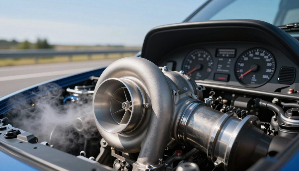 A close-up view of a car engine with a highlighted turbocharger, actively whistling as the vehicle accelerates on an open road. In the foreground, the gleam of the turbocharger's metal and intricate details can be seen, with wisps of steam or exhaust gently rising from the engine. The middle ground features the car's dashboard with its speedometer and tachometer, indicating high speeds. In the background, a blurred highway stretches under a bright blue sky, enhancing the sense of motion. The lighting is vibrant and natural, capturing the essence of a sunny day. The atmosphere conveys a mix of excitement and concern, reflecting the idea of driving while experiencing unusual sounds from the engine. A close-up view of a car engine with a highlighted turbocharger, actively whistling as the vehicle accelerates on an open road. In the foreground, the gleam of the turbocharger's metal and intricate details can be seen, with wisps of steam or exhaust gently rising from the engine. The middle ground features the car's dashboard with its speedometer and tachometer, indicating high speeds. In the background, a blurred highway stretches under a bright blue sky, enhancing the sense of motion. The lighting is vibrant and natural, capturing the essence of a sunny day. The atmosphere conveys a mix of excitement and concern, reflecting the idea of driving while experiencing unusual sounds from the engine.