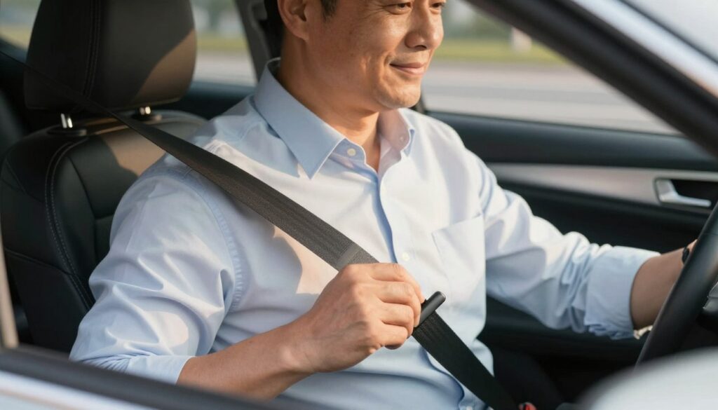 A close-up view of a car interior, focusing on the driver's seat where a neatly dressed individual is demonstrating proper seatbelt usage. The foreground features the seatbelt being fastened, shining in natural light that streams through the car window. In the middle ground, the driver is a middle-aged person with a friendly expression, wearing a crisp button-up shirt, exuding a sense of responsibility and professionalism. The background includes soft-focus elements like a dashboard and a blurred view of the road outside, suggesting a safe driving environment. The overall atmosphere is reassuring and emphasizes the importance of safety, enhancing the message of seatbelt effectiveness. Use warm, inviting lighting to create a positive, educational mood.