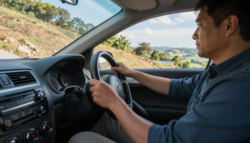 A close-up view of a car parked on a steep hill, showcasing the driver inside, a middle-aged person dressed in smart casual attire, focusing intently on the dashboard. The foreground features the car's gear shift and a foot poised over the clutch pedal. In the middle ground, the hill slopes visibly downward, highlighting the challenge of starting on an incline without rolling back more than 20 cm. The background reveals a picturesque landscape with trees and a blue sky. The lighting is bright and sunny, casting gentle shadows, creating a sense of clarity and focus. The overall atmosphere conveys determination and concentration, reflecting the importance of mastering this driving technique. A close-up view of a car parked on a steep hill, showcasing the driver inside, a middle-aged person dressed in smart casual attire, focusing intently on the dashboard. The foreground features the car's gear shift and a foot poised over the clutch pedal. In the middle ground, the hill slopes visibly downward, highlighting the challenge of starting on an incline without rolling back more than 20 cm. The background reveals a picturesque landscape with trees and a blue sky. The lighting is bright and sunny, casting gentle shadows, creating a sense of clarity and focus. The overall atmosphere conveys determination and concentration, reflecting the importance of mastering this driving technique.