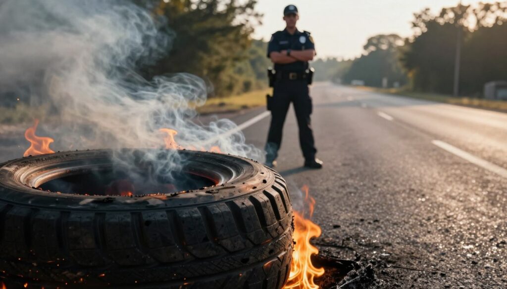 A close-up view of a car tire smoking and burning on a deserted road, the rubber melting into vivid black and gray as flames lick the edges. In the foreground, focus on the tire, showcasing the intricate details of the tread marked by heat. In the middle ground, a police officer in a professional uniform stands with their arms crossed, observing the scene with a serious expression, symbolizing authority. The background features a blurred perspective of an empty asphalt road lined with trees, suggesting isolation. The lighting is dramatic, with a golden hour sun casting long shadows, creating a tense yet captivating atmosphere. The overall mood is one of caution and consequence, highlighting the act of tire burning and its implications.