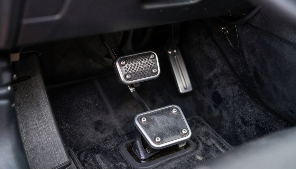 A close-up view of a car's clutch pedal, showing it being pressed, with clear emphasis on the pedal's design and mechanics. The foreground features the textured surface of the pedal and the angle of the foot engagement, highlighting the motion of pressing down. In the middle ground, the linkage connecting the pedal to the clutch mechanism can be seen, showcasing the intricate mechanics in action. The background features the interior of a car, softly blurred to keep the focus on the pedal and its function. Natural lighting casts soft shadows, emphasizing the contours of the pedal. The mood is technical and informative, suitable for an educational context.