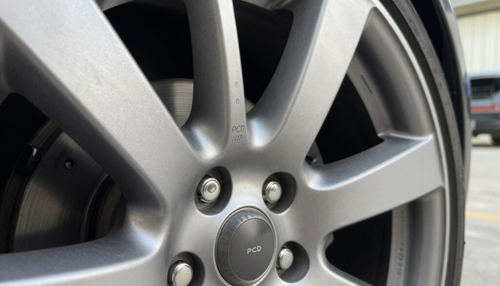 A close-up view of a detailed car wheel rim featuring the bolt pattern (PCD) markings clearly indicated on its surface. In the foreground, focus on the rim, casting soft shadows to emphasize the intricate design and material texture. The middle ground should showcase a subtle depth of field that highlights the specific location of the PCD markings without distracting elements. In the background, a blurred garage setting provides context while keeping the focus on the rim. Natural lighting should illuminate the metallic finish of the wheel, creating gleams that enhance the details. The mood is technical and informative, ideal for illustrating mechanical precision and clarity. A close-up view of a detailed car wheel rim featuring the bolt pattern (PCD) markings clearly indicated on its surface. In the foreground, focus on the rim, casting soft shadows to emphasize the intricate design and material texture. The middle ground should showcase a subtle depth of field that highlights the specific location of the PCD markings without distracting elements. In the background, a blurred garage setting provides context while keeping the focus on the rim. Natural lighting should illuminate the metallic finish of the wheel, creating gleams that enhance the details. The mood is technical and informative, ideal for illustrating mechanical precision and clarity.