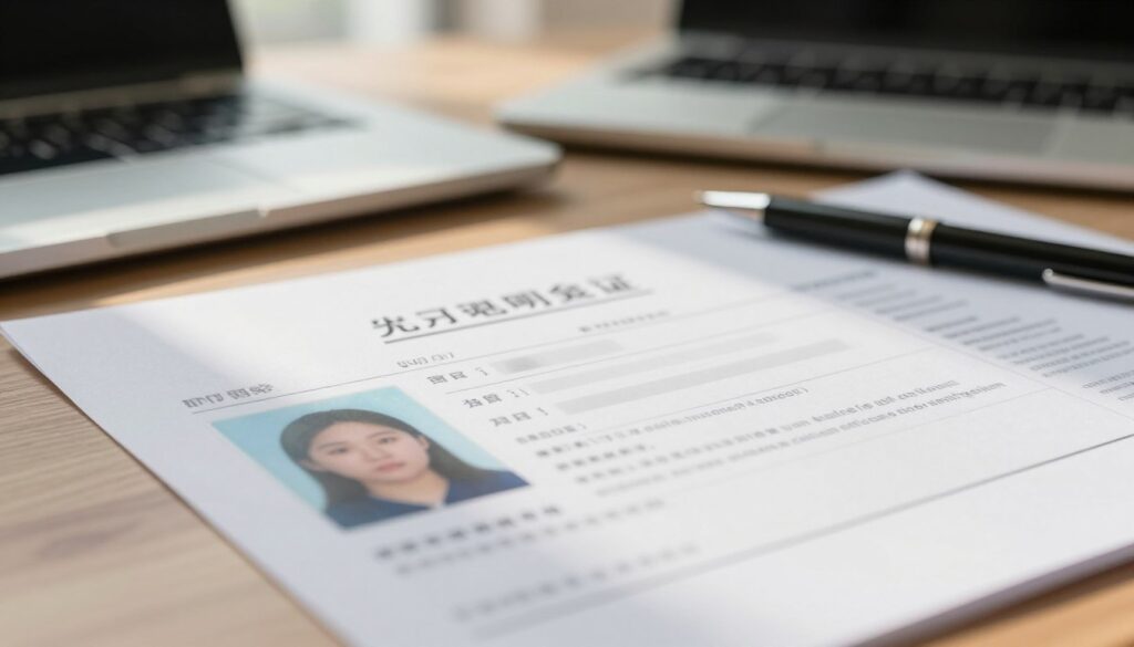 A close-up view of a driver's license form (blankiet) placed on a wooden desk, with the focus on the area where the license number is located, marked clearly but without revealing any actual numbers. The background features blurred elements such as a laptop, a pen, and an official-looking document to convey organization and professionalism. Natural light streams through a nearby window, casting soft shadows and highlights, creating a calm and focused atmosphere. The image should evoke a sense of clarity and professionalism, inviting viewers to engage with the process of identifying the license number. No people are present in the frame, ensuring a clean and unobstructed view of the subject.