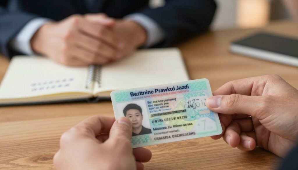 A close-up view of a driver's license laid on a wooden desk, showcasing the prominent text "Bezterminowe Prawo Jazdy" in elegant typography. In the foreground, a pair of professional hands in business attire are holding the license, symbolizing the importance of this document. In the middle ground, a blurred notebook with handwritten notes about license exchange dates, reflecting a thoughtful and serious atmosphere. The background features soft ambient lighting, creating a warm and inviting environment. The lens focus is sharp on the license, while the background elements are subtly blurred to draw attention to the subject. The overall mood conveys professionalism and clarity, highlighting the significance of the lifelong driver's license in the context of legal discussions.