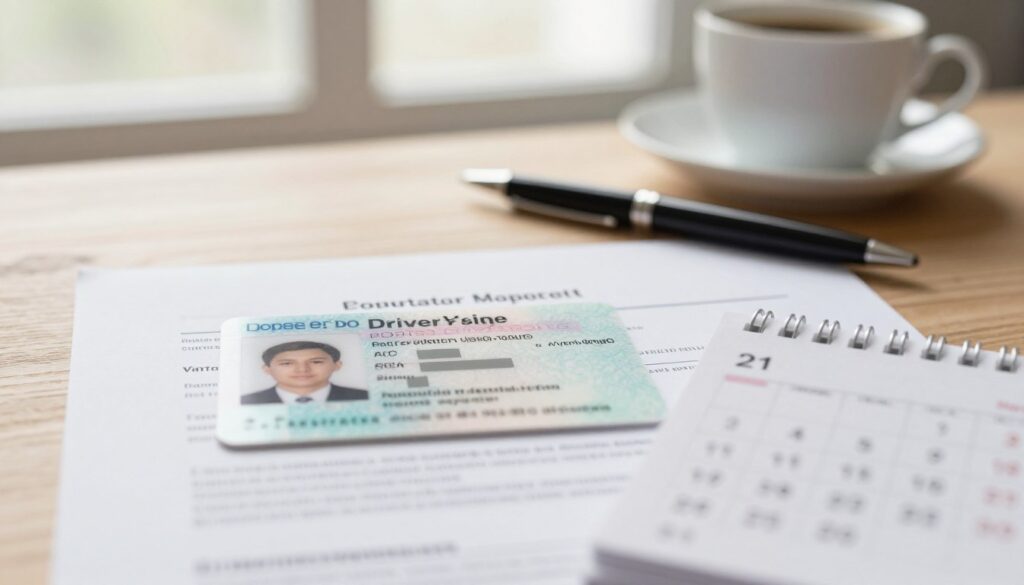 A close-up view of a formal document on a wooden desk, showcasing a driver's license with an expiration date highlighted, symbolizing the importance of updating personal information after marriage. The background features soft, diffused natural lighting coming through a window, creating a warm and inviting atmosphere. In the middle ground, a pen and a coffee cup add a touch of professionalism and everyday life. The foreground includes a blurred calendar indicating a recent wedding date, conveying urgency. The scene evokes a sense of responsibility and the importance of keeping documents current. The overall mood is calm yet informative, capturing the essence of legal formalities without any text or distractions. A close-up view of a formal document on a wooden desk, showcasing a driver's license with an expiration date highlighted, symbolizing the importance of updating personal information after marriage. The background features soft, diffused natural lighting coming through a window, creating a warm and inviting atmosphere. In the middle ground, a pen and a coffee cup add a touch of professionalism and everyday life. The foreground includes a blurred calendar indicating a recent wedding date, conveying urgency. The scene evokes a sense of responsibility and the importance of keeping documents current. The overall mood is calm yet informative, capturing the essence of legal formalities without any text or distractions.