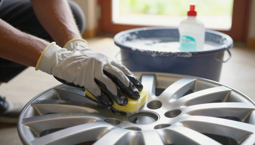 A close-up view of a hands-on approach to cleaning aluminum rims. In the foreground, a pair of gloved hands holding a soft sponge, gently scrubbing the surface of a shiny aluminum wheel rim. The wheel is detailed, showcasing its intricate design and reflections. In the middle background, a bucket filled with soapy water and a bottle of gentle cleaning solution, positioned to suggest effective cleaning. The setting is a well-lit garage, with natural sunlight filtering through a window, creating a warm and inviting atmosphere. The image captures the essence of careful maintenance, emphasizing cleanliness and attention to detail without damaging the finish or paint. A close-up view of a hands-on approach to cleaning aluminum rims. In the foreground, a pair of gloved hands holding a soft sponge, gently scrubbing the surface of a shiny aluminum wheel rim. The wheel is detailed, showcasing its intricate design and reflections. In the middle background, a bucket filled with soapy water and a bottle of gentle cleaning solution, positioned to suggest effective cleaning. The setting is a well-lit garage, with natural sunlight filtering through a window, creating a warm and inviting atmosphere. The image captures the essence of careful maintenance, emphasizing cleanliness and attention to detail without damaging the finish or paint.