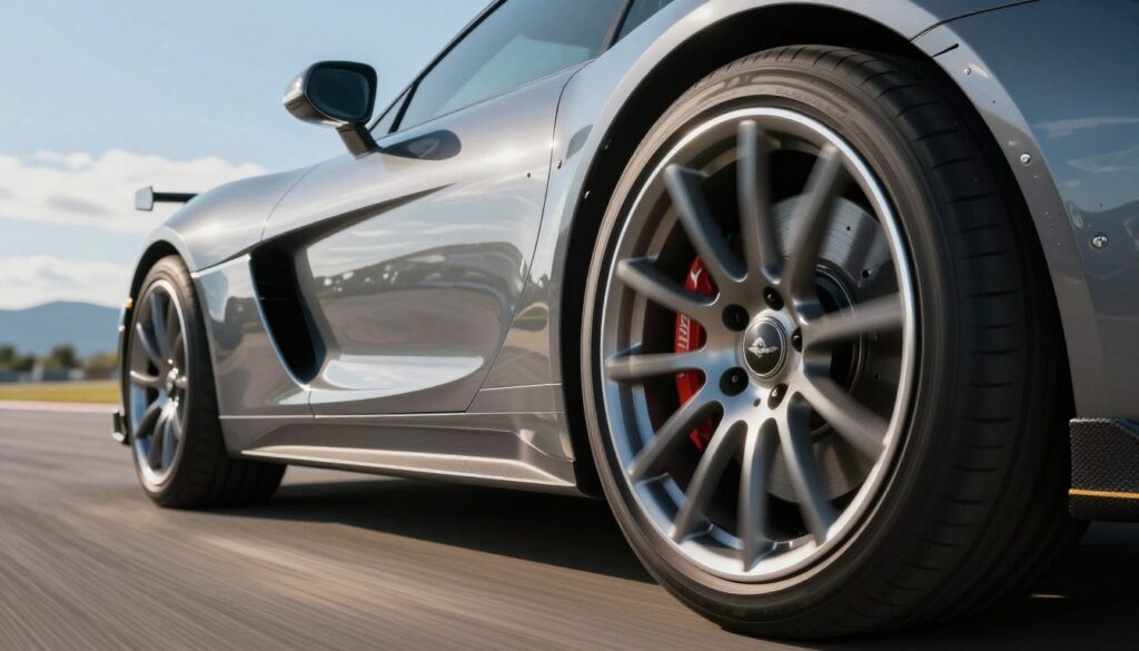 A close-up view of a high-performance car featuring larger wheels that enhance its speed capabilities. In the foreground, show the shiny, detailed alloy wheels with dynamic tread patterns, emphasizing their size in contrast to standard wheels. In the middle ground, capture the sleek body of the car, reflecting sunlight and showcasing its aerodynamic design. The background should feature a blurred motion effect, suggesting high-speed movement on a racetrack, with a blue sky overhead and distant mountains for context. The lighting is bright and focused on the vehicle, creating a sense of energy and excitement. The mood is dynamic and thrilling, highlighting the impact of larger wheels on automotive performance without any distractions or text. A close-up view of a high-performance car featuring larger wheels that enhance its speed capabilities. In the foreground, show the shiny, detailed alloy wheels with dynamic tread patterns, emphasizing their size in contrast to standard wheels. In the middle ground, capture the sleek body of the car, reflecting sunlight and showcasing its aerodynamic design. The background should feature a blurred motion effect, suggesting high-speed movement on a racetrack, with a blue sky overhead and distant mountains for context. The lighting is bright and focused on the vehicle, creating a sense of energy and excitement. The mood is dynamic and thrilling, highlighting the impact of larger wheels on automotive performance without any distractions or text.