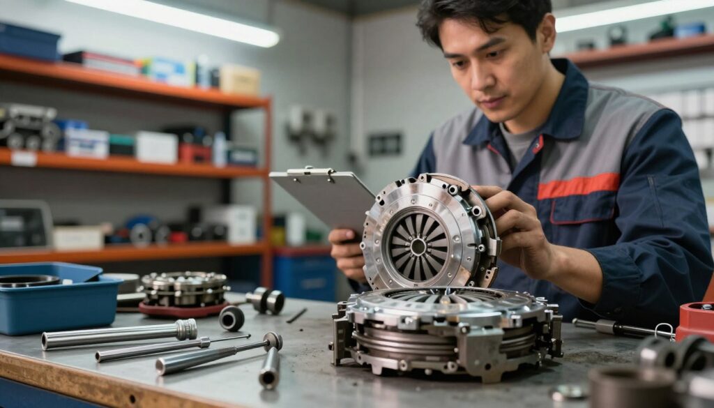 A close-up view of a mechanic’s workspace, focusing on a disassembled clutch assembly with visible wear and tear, including a damaged pressure plate. In the foreground, precision tools and parts lie neatly organized, illuminated by bright overhead LED lights, enhancing the metallic textures and details. In the middle ground, a mechanic in professional attire examines the clutch components, showing a thoughtful expression, with a clipboard in hand. The background features workshop shelves filled with auto repair manuals and spare parts, slightly blurred to emphasize the foreground activity. The atmosphere is one of focused professionalism, highlighting the process of diagnosing clutch issues in a well-lit, organized automotive repair shop.