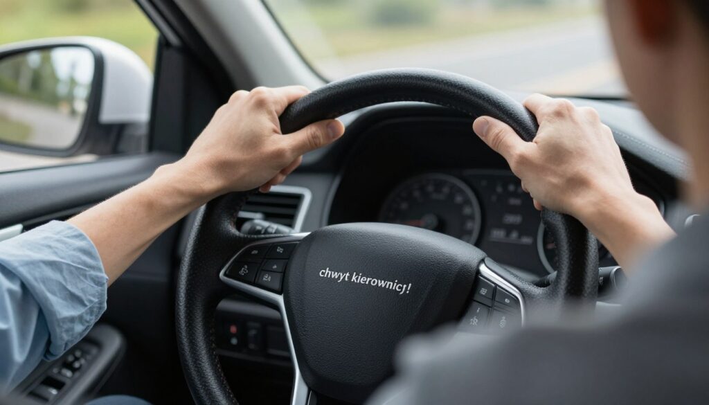 A close-up view of a pair of hands gripping a steering wheel, demonstrating the proper "chwyt kierownicy." The hands are in a professional posture, wearing modest casual clothing, ensuring a clear focus on the grip technique. The steering wheel is detailed, showing textures and controls, set inside a car's interior. In the background, a hint of the car's dashboard and a road visible through the windshield blur softly, conveying a sense of motion. The lighting is bright and natural, coming from the side, highlighting the hands and wheel. Capture this scene from a slightly elevated angle to emphasize the relationship between the driver and the steering wheel, creating an atmosphere of confidence and control in driving.