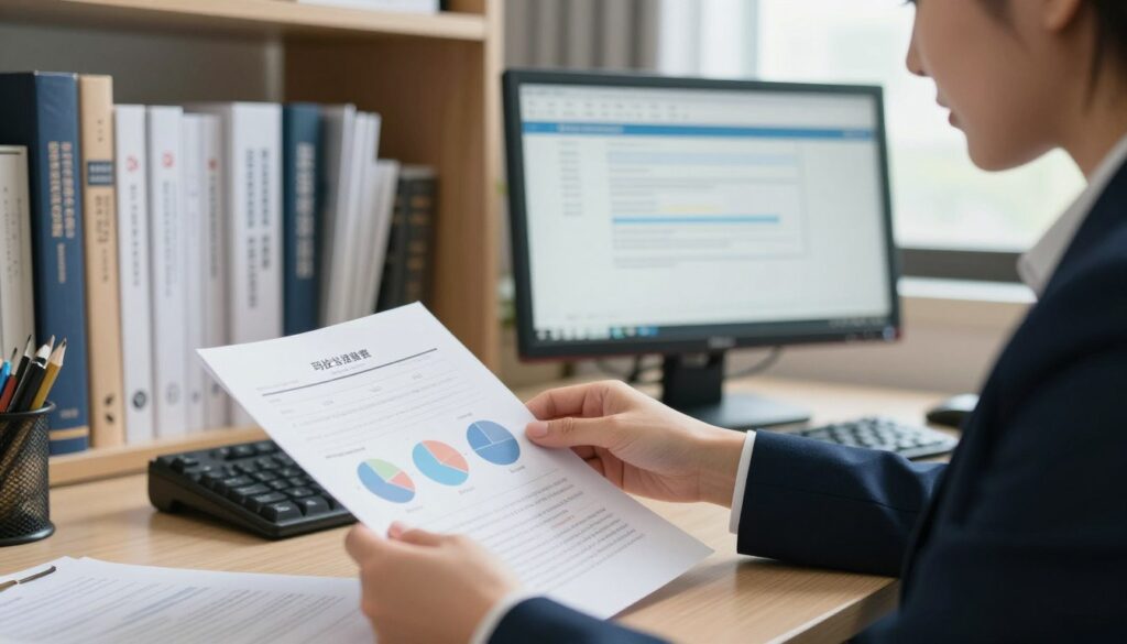 A close-up view of a professional office setting where a female official in formal business attire is sitting at a desk, reviewing paperwork related to driver's license fees. The foreground features detailed documents with clear graphs and pie charts illustrating costs and timelines. In the middle, a computer screen displays application forms and associated fees, conveying an air of focus and diligence. The background includes a neat bookshelf laden with legal texts and guides about driving laws. Soft, natural lighting filters through a window, creating a warm, informative atmosphere. The angle is slightly tilted, emphasizing the action of processing paperwork while ensuring the scene feels both dynamic and professional.