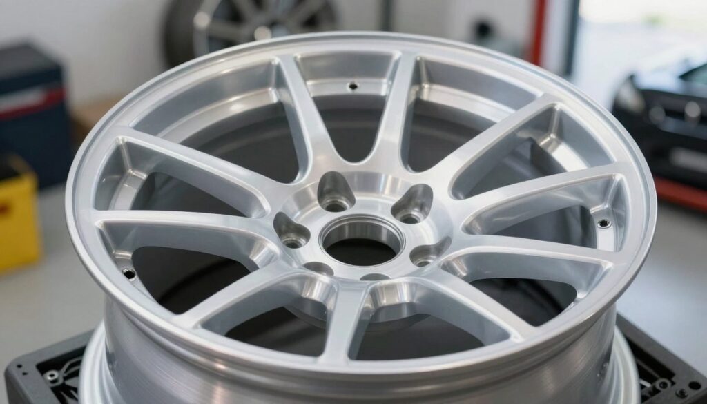 A close-up view of a shiny 16-inch aluminum wheel rim, showcasing its intricate design and lightweight structure. The foreground features the rim centered, highlighting its smooth curves and reflective surface, capturing details like the bolt holes and finish. In the middle ground, a blurred background of a car garage, with soft-focus tools and equipment subtly indicated, enhancing the automotive theme. Bright, natural lighting illuminates the rim, casting gentle shadows that emphasize its shape. The atmosphere is professional and informative, inviting viewers to appreciate the craftsmanship and technology behind aluminum wheels. The image should be clean and focused, with no text or distractions. A close-up view of a shiny 16-inch aluminum wheel rim, showcasing its intricate design and lightweight structure. The foreground features the rim centered, highlighting its smooth curves and reflective surface, capturing details like the bolt holes and finish. In the middle ground, a blurred background of a car garage, with soft-focus tools and equipment subtly indicated, enhancing the automotive theme. Bright, natural lighting illuminates the rim, casting gentle shadows that emphasize its shape. The atmosphere is professional and informative, inviting viewers to appreciate the craftsmanship and technology behind aluminum wheels. The image should be clean and focused, with no text or distractions.