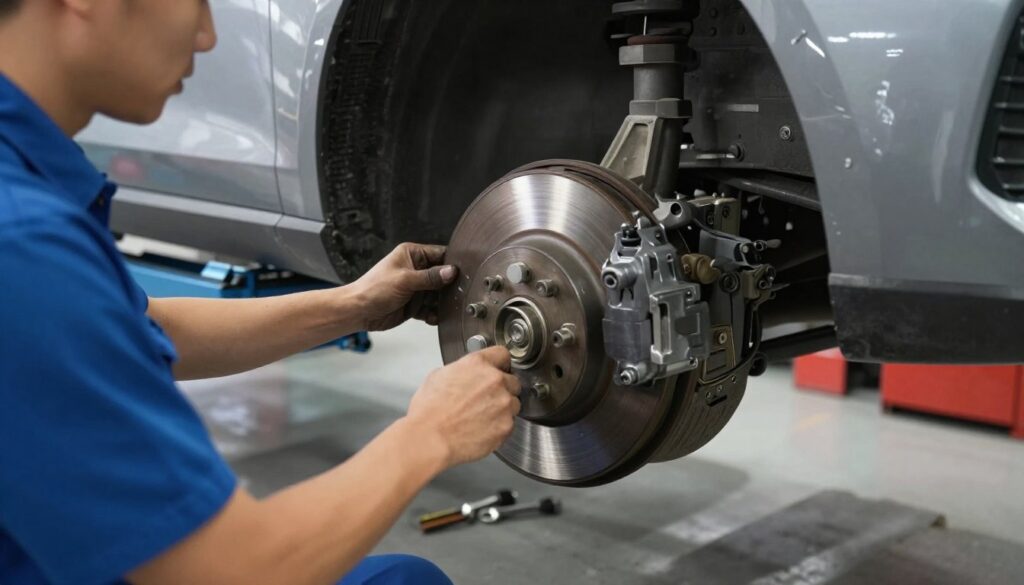 A close-up view of a skilled mechanic working on a vehicle’s wheel assembly in a well-lit garage. In the foreground, the mechanic, dressed in professional attire, is carefully replacing the brake rotors, focusing intently on the task. The shiny brake discs and hub assembly are prominently displayed, showcasing their intricate details and textures. In the middle ground, tools are neatly arranged on a workbench, casting soft shadows, adding depth to the scene. The background features a car lifted on a hydraulic jack, with good lighting highlighting the metallic surfaces. The atmosphere conveys a sense of precision and professionalism, emphasizing the technical nature of the task, while maintaining a clean and organized workspace. A close-up view of a skilled mechanic working on a vehicle’s wheel assembly in a well-lit garage. In the foreground, the mechanic, dressed in professional attire, is carefully replacing the brake rotors, focusing intently on the task. The shiny brake discs and hub assembly are prominently displayed, showcasing their intricate details and textures. In the middle ground, tools are neatly arranged on a workbench, casting soft shadows, adding depth to the scene. The background features a car lifted on a hydraulic jack, with good lighting highlighting the metallic surfaces. The atmosphere conveys a sense of precision and professionalism, emphasizing the technical nature of the task, while maintaining a clean and organized workspace.