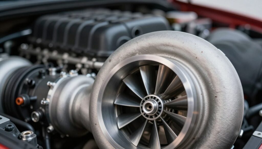 A close-up view of a turbocharger turbine with visible wear and graphics illustrating airflow dynamics. The foreground features an intricately detailed turbine blade reflecting metallic textures and slight wear marks. In the middle ground, the background reveals blurred mechanical components of a car engine, highlighting the complex interconnections of the turbocharging system. Use dramatic, focused lighting to emphasize the turbine and create a sense of depth, as if observed through a macro lens. The atmosphere is technical and industrial, suggesting a moment of scrutiny post-regeneration, drawing the viewer's attention towards potential issues and emphasizing the investigative nature of the section. The image is crisp and clear, conveying both concern and curiosity. A close-up view of a turbocharger turbine with visible wear and graphics illustrating airflow dynamics. The foreground features an intricately detailed turbine blade reflecting metallic textures and slight wear marks. In the middle ground, the background reveals blurred mechanical components of a car engine, highlighting the complex interconnections of the turbocharging system. Use dramatic, focused lighting to emphasize the turbine and create a sense of depth, as if observed through a macro lens. The atmosphere is technical and industrial, suggesting a moment of scrutiny post-regeneration, drawing the viewer's attention towards potential issues and emphasizing the investigative nature of the section. The image is crisp and clear, conveying both concern and curiosity.