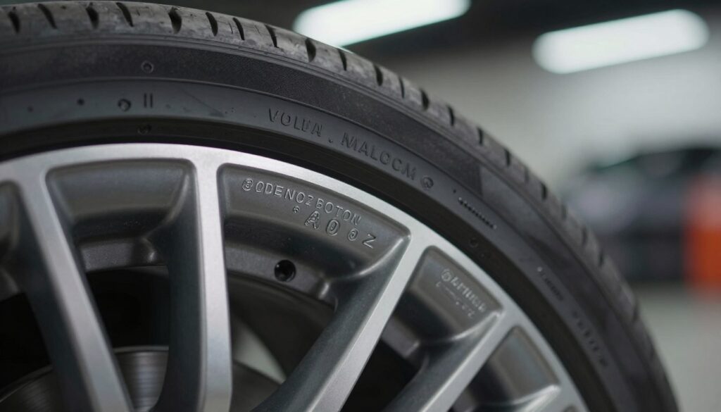 A close-up view of an alloy wheel (felga) showcasing detailed markings indicating bolt pattern specifications. The foreground features a sharp focus on the wheel’s surface, highlighting the precision of the markings engraved on the metal. In the middle ground, softly blurred tire tread adds context. The background presents a garage environment with soft, ambient lighting that enhances the metallic sheen of the wheel. The composition utilizes a shallow depth of field, capturing the texture and craftsmanship of the wheel while emphasizing the accuracy of the bolt pattern indicators. The overall atmosphere is technical and informative, creating a sense of professionalism and clarity. A close-up view of an alloy wheel (felga) showcasing detailed markings indicating bolt pattern specifications. The foreground features a sharp focus on the wheel’s surface, highlighting the precision of the markings engraved on the metal. In the middle ground, softly blurred tire tread adds context. The background presents a garage environment with soft, ambient lighting that enhances the metallic sheen of the wheel. The composition utilizes a shallow depth of field, capturing the texture and craftsmanship of the wheel while emphasizing the accuracy of the bolt pattern indicators. The overall atmosphere is technical and informative, creating a sense of professionalism and clarity.