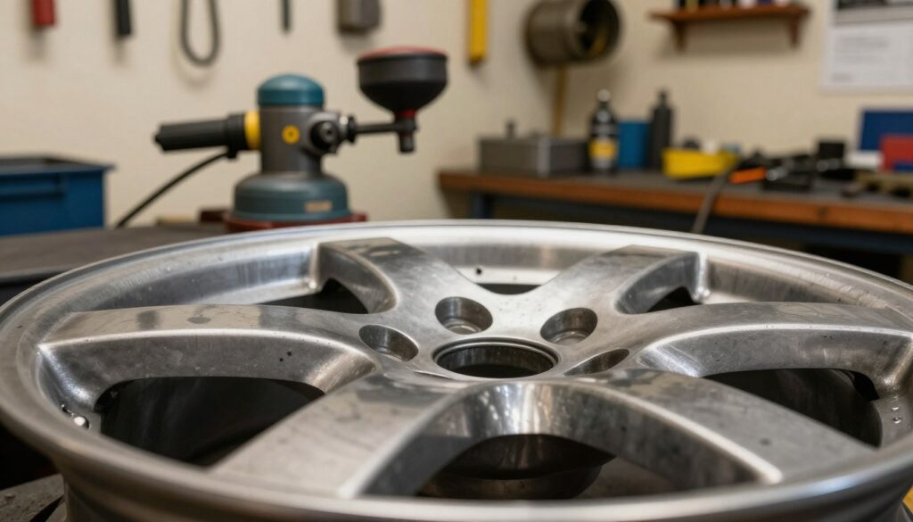 A close-up view of an automotive wheel rim in a workshop setting, showcasing the intricate details of a metal alloy, with a shiny surface reflecting the surrounding light. In the foreground, focus on the texture of the rim, highlighting scratches and imperfections from previous use. In the middle ground, display various sandblasting equipment, including a sandblaster and protective gear, indicating the process of restoring the wheel. The background features a clean, organized workshop with tools hanging on the wall and ambient light creating a warm, industrious atmosphere. Use soft natural lighting to enhance the metallic sheen of the rim and emphasize the rustic charm of the workshop environment. The perspective should be slightly tilted to add depth, capturing the essence of automotive restoration.