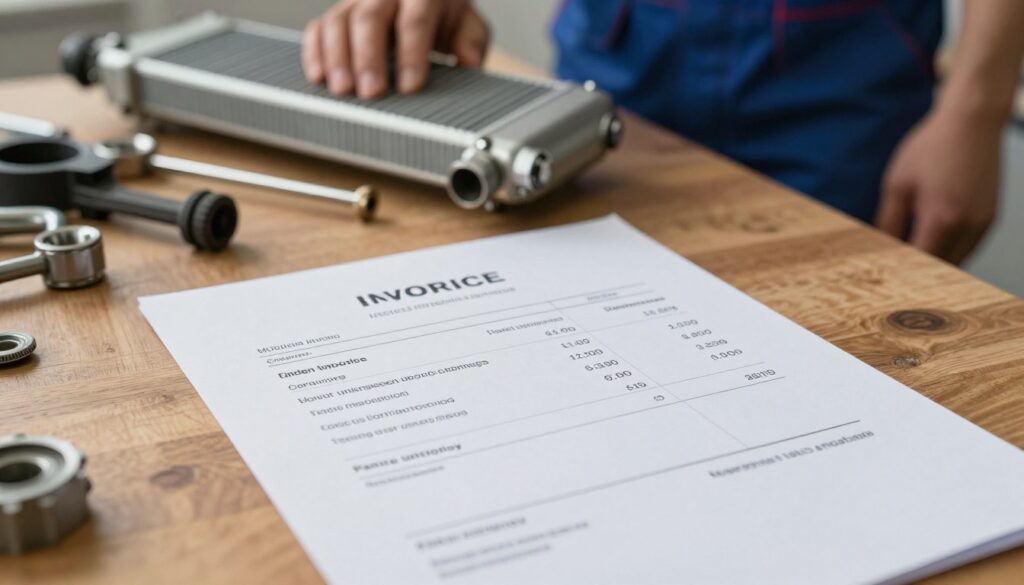 A close-up view of an invoice on a wooden desk, displaying additional hidden costs in clearly defined line items, like unforeseen labor charges and parts fees, against a backdrop of car repair tools and a radiator. Soft, diffused lighting illuminates the paper, creating an inviting yet serious atmosphere, while a mechanic in professional clothing is partially visible in the background, examining a radiator. A blurred assortment of car parts lies nearby, hinting at the complexity of automotive repairs. The angle captures the essence of surprise and concern, focusing on the invoice while suggesting the broader context of car maintenance.