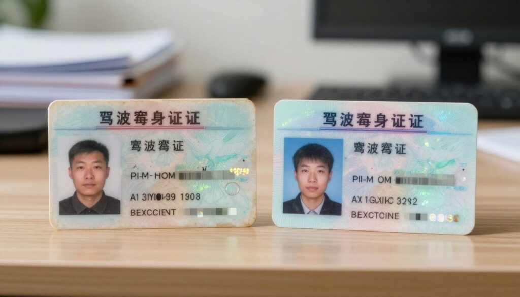 A close-up view of an old versus a new driver's license side by side, showcasing the distinct features and formats. The foreground focuses on two driver's licenses, one being slightly faded and worn, representing the older version, and the other a crisp, modern document with holographic elements. In the middle, an elegantly designed table holds the licenses, with soft, natural lighting illuminating them to highlight their details. In the background, a blurred office setting with files and a computer, creating a professional atmosphere. The image evokes a sense of clarity and importance, emphasizing the relevance of the driver's license number in everyday situations.