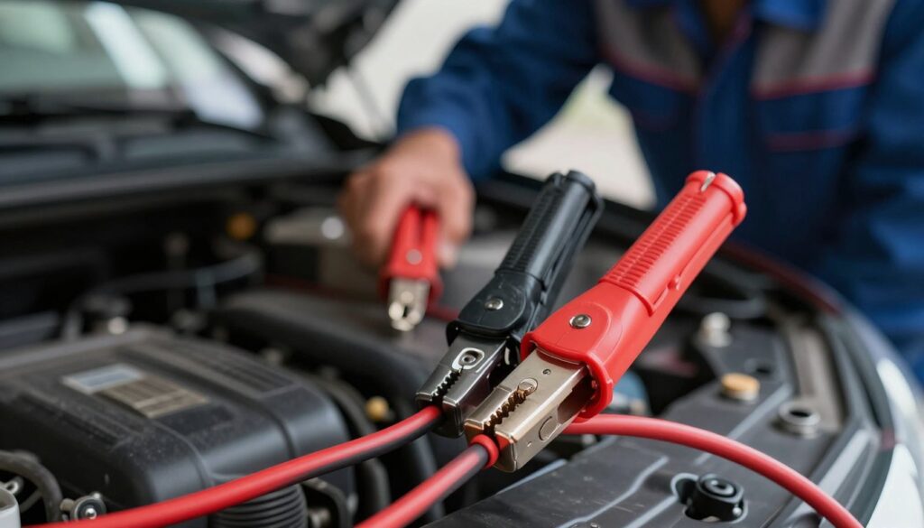 A close-up view of car jump-starting cables, prominently displayed in the foreground, contrasting with a dark, blurred car engine in the background. The cables are vividly colored, with bright red and black clamps showing detailed textures and metallic surfaces. Soft, diffused lighting highlights the cables, creating subtle reflections on the metal, while shadows add depth. In the middle ground, slightly out of focus, is a mechanic in professional attire, thoughtfully inspecting the cables, emphasizing an atmosphere of urgency and problem-solving. The overall mood is dynamic and practical, evoking the necessity of jump-starting a car in challenging situations. The image is well-composed, with an emphasis on clarity and detail, suitable for an instructional context. A close-up view of car jump-starting cables, prominently displayed in the foreground, contrasting with a dark, blurred car engine in the background. The cables are vividly colored, with bright red and black clamps showing detailed textures and metallic surfaces. Soft, diffused lighting highlights the cables, creating subtle reflections on the metal, while shadows add depth. In the middle ground, slightly out of focus, is a mechanic in professional attire, thoughtfully inspecting the cables, emphasizing an atmosphere of urgency and problem-solving. The overall mood is dynamic and practical, evoking the necessity of jump-starting a car in challenging situations. The image is well-composed, with an emphasis on clarity and detail, suitable for an instructional context.