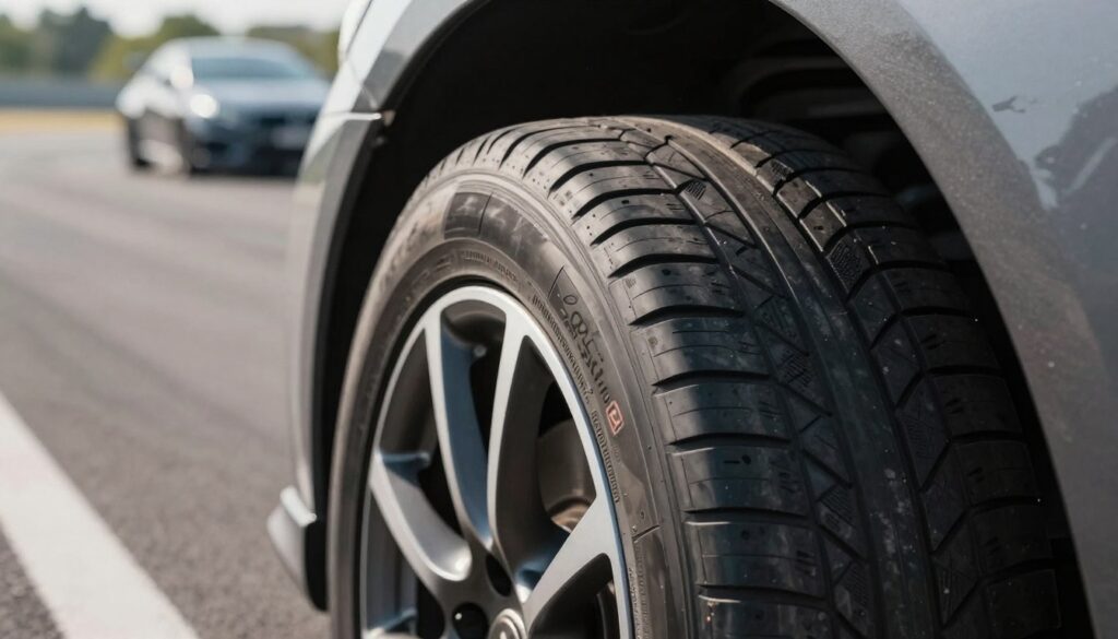 A close-up view of high-performance car tires, prominently displaying the intricate tread patterns and size differences. The foreground features a sleek, modern tire mounted on a wheel, with visible details such as the rubber texture and sidewall markings. In the middle ground, a blurred racing track can be seen, evoking speed and dynamics, while the background includes a subtle view of a car in motion, emphasizing the relationship between tire size and performance. The lighting is bright yet soft, highlighting the rubber materials and creating a dynamic atmosphere. The angle is slightly tilted, offering a dynamic perspective that reinforces the theme of performance impact. A close-up view of high-performance car tires, prominently displaying the intricate tread patterns and size differences. The foreground features a sleek, modern tire mounted on a wheel, with visible details such as the rubber texture and sidewall markings. In the middle ground, a blurred racing track can be seen, evoking speed and dynamics, while the background includes a subtle view of a car in motion, emphasizing the relationship between tire size and performance. The lighting is bright yet soft, highlighting the rubber materials and creating a dynamic atmosphere. The angle is slightly tilted, offering a dynamic perspective that reinforces the theme of performance impact.