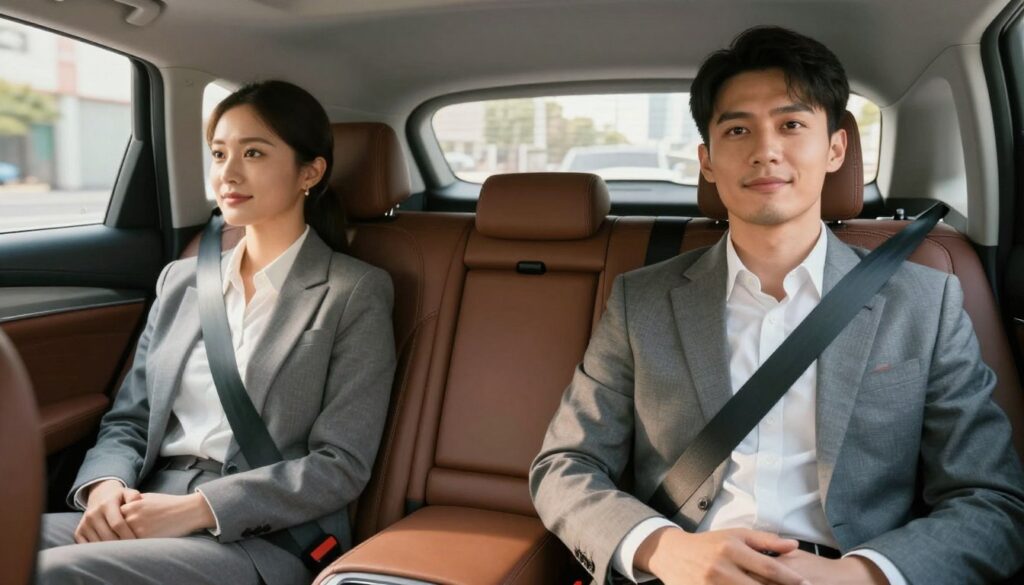 A close-up view of the interior of a modern car showcasing the backseat, focusing on the seatbelt system. The scene features two well-dressed individuals sitting comfortably in the rear seats, both wearing professional business attire. The seatbelts are securely fastened, emphasizing the importance of safety. In the background, a well-lit environment suggests daylight coming through the windows, highlighting the plush leather upholstery and the car's interior design. The camera angle is slightly tilted from above, capturing the individuals' expressions of relaxed confidence, while the warm lighting creates a welcoming atmosphere. The image conveys a sense of security and compliance with safety regulations, illustrating the importance of wearing seatbelts in the backseat. A close-up view of the interior of a modern car showcasing the backseat, focusing on the seatbelt system. The scene features two well-dressed individuals sitting comfortably in the rear seats, both wearing professional business attire. The seatbelts are securely fastened, emphasizing the importance of safety. In the background, a well-lit environment suggests daylight coming through the windows, highlighting the plush leather upholstery and the car's interior design. The camera angle is slightly tilted from above, capturing the individuals' expressions of relaxed confidence, while the warm lighting creates a welcoming atmosphere. The image conveys a sense of security and compliance with safety regulations, illustrating the importance of wearing seatbelts in the backseat.