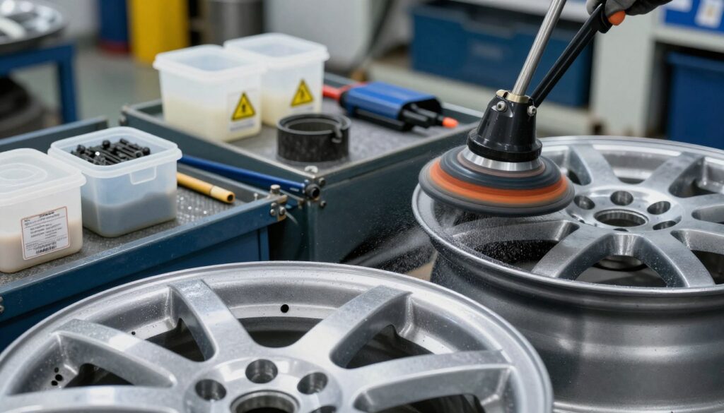 A close-up view of various wheel cleaning methods, illustrating sandblasting, chemical etching, and other cleaning techniques. In the foreground, showcase a shiny, freshly sandblasted wheel with fine sand particles glistening in bright, even lighting. In the middle, display a chemical etching setup with containers labeled with safety symbols and tools arranged neatly, highlighting a professional cleaning environment. The background features blurred industrial equipment, creating a context of a workshop. Use a slightly overhead angle to capture textures and details, emphasizing the transformative effects of each method. The atmosphere should be clean, professional, and focused on precision, reflecting the meticulous nature of wheel cleaning.