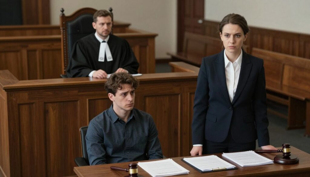 A courtroom scene illustrating the theme of "niewskazanie kierującego". In the foreground, a serious female lawyer in a professional business suit stands beside a table filled with legal documents and a gavel, her expression focused and determined. The middle ground features a judge behind a bench, wearing traditional robes, and a worried defendant in modest attire seated below, glancing nervously at the lawyer. In the background, rows of empty wooden benches emphasize the solemnity of the setting. Soft, diffused lighting casts gentle shadows, lending a somber yet focused mood. The angle is slightly elevated, capturing the tension and gravity of a legal decision being made, without any text or distractions.