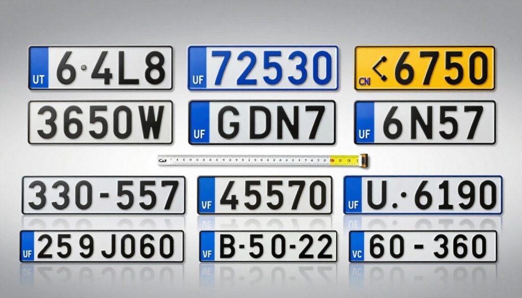 A detailed and clear illustration of various types of Polish vehicle registration plates, focusing on their dimensions and structural variations. In the foreground, display a set of registration plates laid out side by side on a reflective surface, showcasing different sizes and designs. Include plates with standard characters and unique layouts, such as those for motorcycles and special vehicles. In the middle ground, incorporate a ruler and measuring tape to emphasize the dimensions of each plate, providing a sense of scale. The background should be a soft gradient that subtly hints at an automotive theme. Use soft, diffused lighting to create a clean and professional atmosphere, ensuring all elements are well-defined and visually engaging.