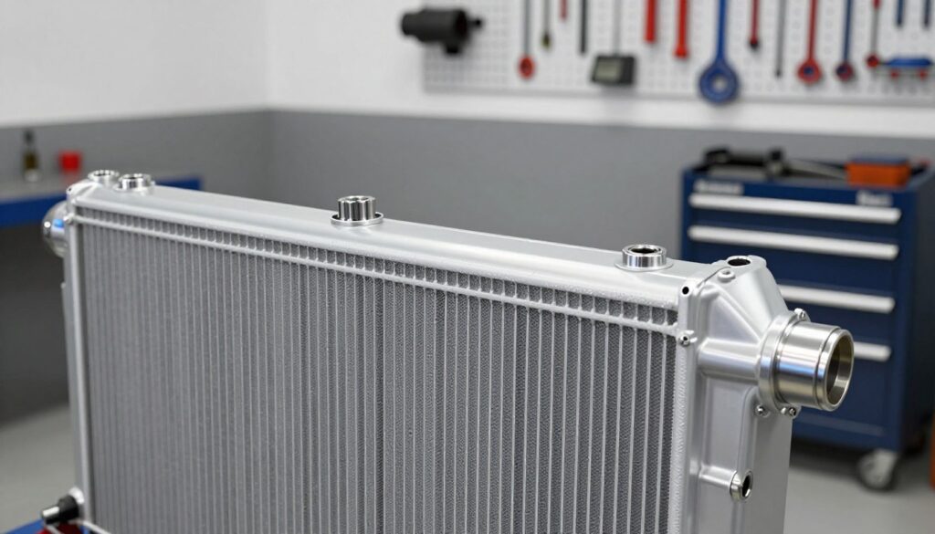 A detailed and close-up view of a new car radiator, showcasing its sleek metallic design with intricate cooling fins and robust connectors. The foreground features the radiator prominently, highlighting its polished surface reflecting soft overhead lighting. In the middle ground, a mechanic's toolbox can be seen, suggesting an environment of automotive repair. The background depicts a clean, professional workshop with tools neatly organized on a pegboard. The lighting is bright but soft, creating a technical yet welcoming atmosphere. The camera angle is slightly elevated, focusing on the radiator while capturing the context of the workspace. The image exudes a sense of quality and professionalism, perfect for illustrating the topic of car parts.