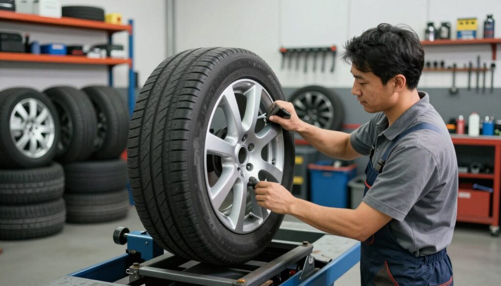 A detailed automotive workshop scene featuring a professional mechanic in modest casual clothing, balancing car wheels on a high-tech balancing machine. In the foreground, the mechanic is focused on accurately placing a wheel on the machine, showcasing their concentration. In the middle ground, a variety of car tires are neatly organized, hinting at different sizes and types available for service. The background includes shelves filled with tools and equipment, adding depth to the garage atmosphere. Bright, even lighting illuminates the scene, casting soft shadows for a realistic effect. The mood is informative and practical, reflecting a workshop dedicated to vehicle maintenance. The angle is slightly elevated, capturing both the mechanic's focused expression and the intricacies of the wheel balancing process. A detailed automotive workshop scene featuring a professional mechanic in modest casual clothing, balancing car wheels on a high-tech balancing machine. In the foreground, the mechanic is focused on accurately placing a wheel on the machine, showcasing their concentration. In the middle ground, a variety of car tires are neatly organized, hinting at different sizes and types available for service. The background includes shelves filled with tools and equipment, adding depth to the garage atmosphere. Bright, even lighting illuminates the scene, casting soft shadows for a realistic effect. The mood is informative and practical, reflecting a workshop dedicated to vehicle maintenance. The angle is slightly elevated, capturing both the mechanic's focused expression and the intricacies of the wheel balancing process.